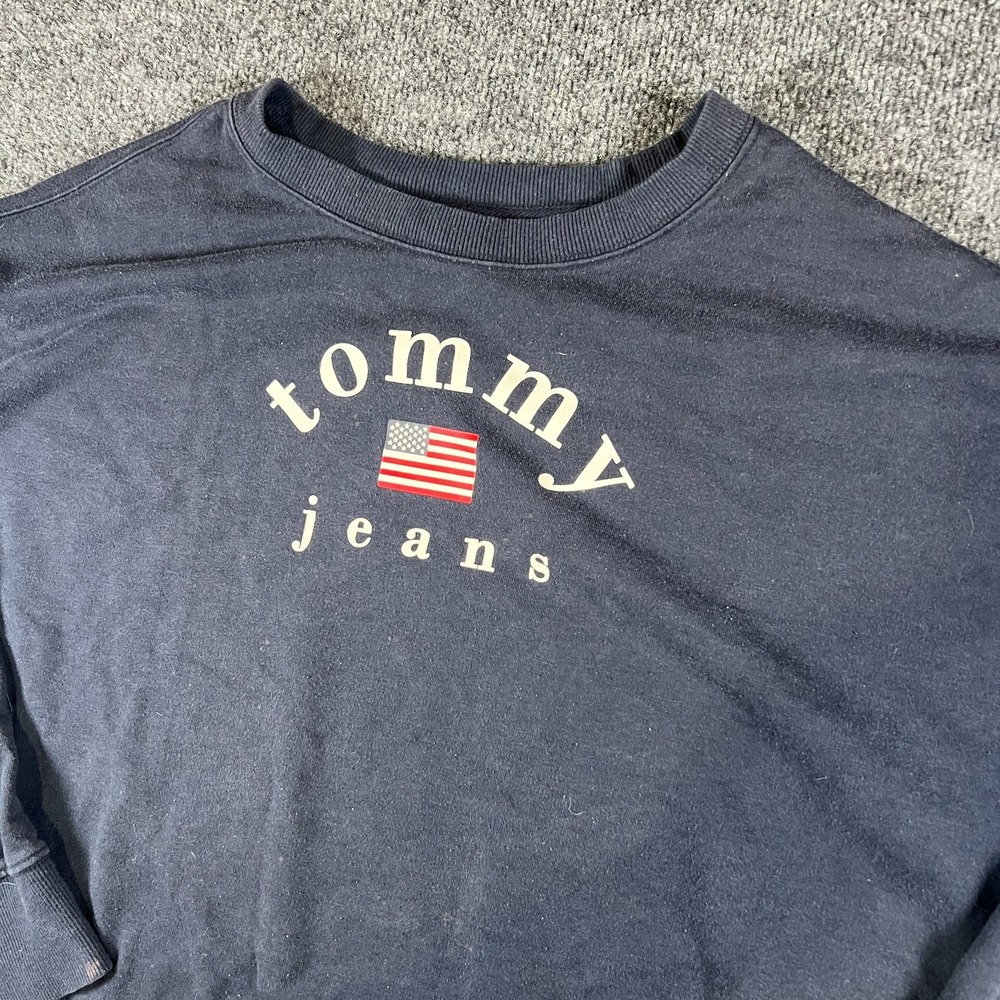 Tommy Jeans Sweatshirt Mens XL Navy Blue American Flag Logo Cotton Fleece Lined